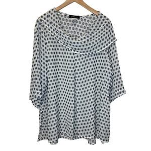Yushi Boho Polka Dot White & Blue Square Cut 3/4 Sleeve Cowl Neck Women's Top XL